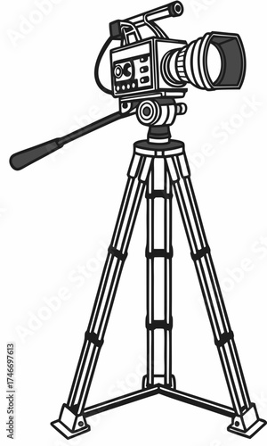 Professional Video Camera on Tripod Filmmaking Equipment Broadcast Technology Illustration.