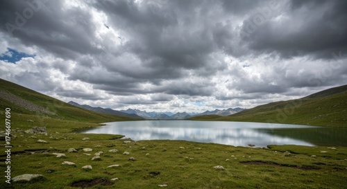 Alpine lake reflects storm clouds, ringed by grassy hills and distant mountains