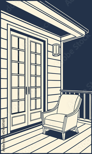 Relaxing Patio Scene with French Doors and Armchair.