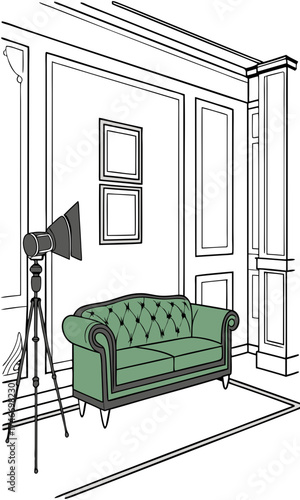 Studio interior design sketch green sofa lighting equipment wall paneling elegant room home decor illustration.