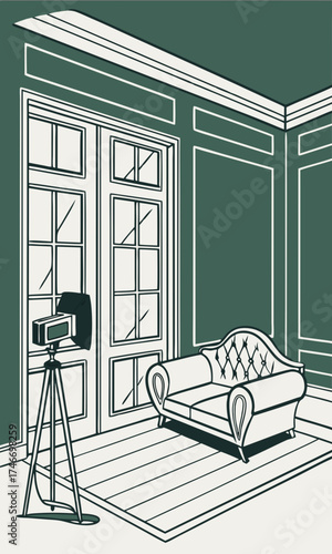 Studio Interior with Camera on Tripod and Sofa Elegant Green Room Design Illustration.