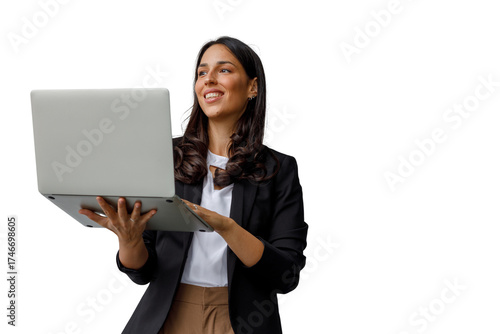 Professional woman holding laptop smiling, connecting and looking away, business communication, transparent background