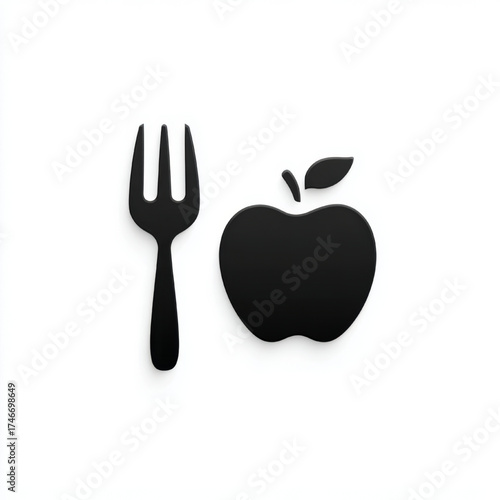  Minimalist fork and apple icon, sleek black on white, healthy eating and diet symbol, with copy space