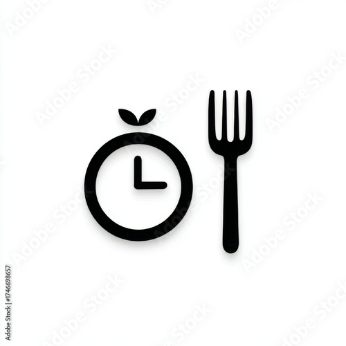 Minimalist meal time icon, sleek black on white, healthy diet schedule and food planning, with copy space