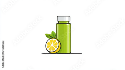Refreshing juice bottle with lemon slice, vibrant green and yellow, natural detox and healthy drink concept, with copy space