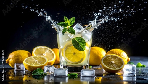 Refreshing Lemon Mint Drink with Ice Splash and Fresh Ingredients on Dark Surface