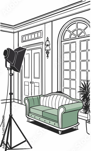 Studio lighting setup with sofa interior design illustration home decor elegant room sketch furniture arrangement photoshoot preparation light equipment elegant apartment green sofa clas.