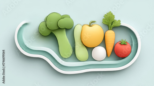 Assorted healthy vegetables and fruit on a wavy tray, playful green, yellow, orange, and red, nutritious diet and fresh produce, with copy space