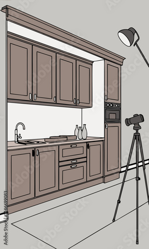 Studio Photograph of Modern Kitchen Cabinets with Camera Equipment.