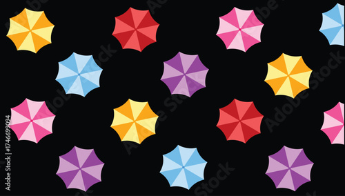 A seamless vector pattern featuring colorful beach umbrellas viewed from above, arranged in a repeating layout on background. Each umbrella displays alternating panels of colors.