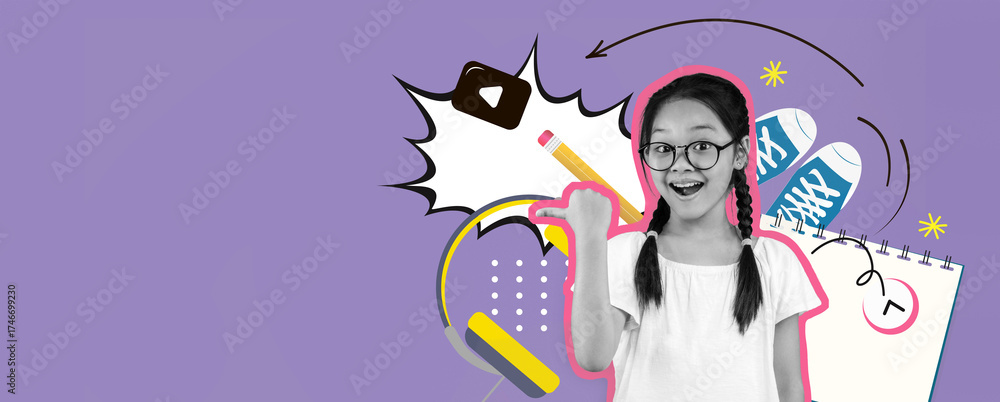 Fototapeta premium Bright and colorful collage featuring a joyful girl with glasses, holding a pencil.