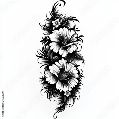 Exotic hibiscus floral tattoo design, intricate black and white, tropical nature art, with copy space