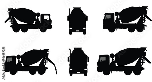 Cement mixer truck vector silhouettes set with multiple angles, construction vehicle illustration, industrial transport design, concrete mixing equipment graphic collection