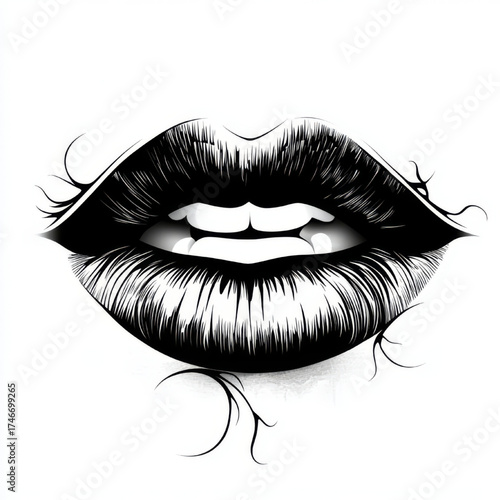 Glamorous full lips illustration, bold black and white, beauty and sensuality art, with copy space