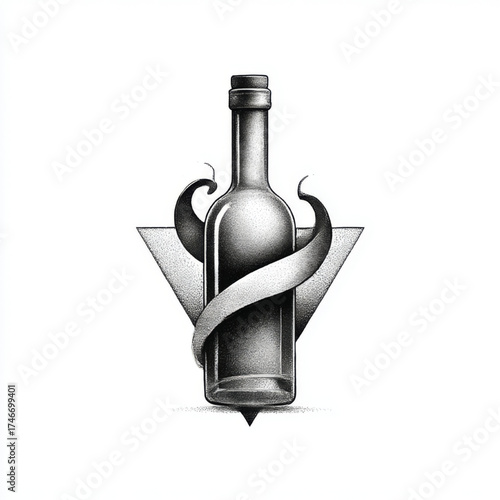 Stipple art wine bottle illustration, black and white, premium beverage and celebration, with copy space