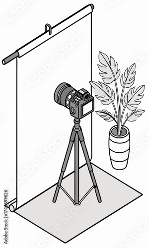 Studio Setup with Camera on Tripod and Backdrop.