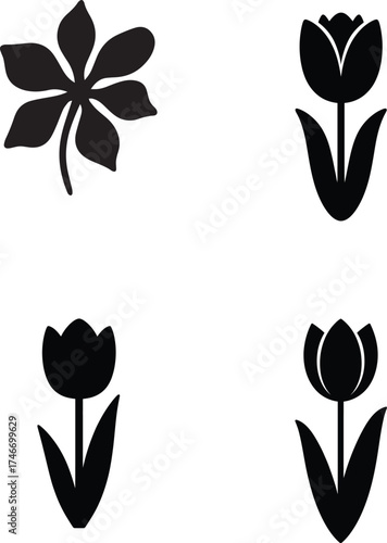 Collection of four simple floral icons including a detailed leaf and three tulips for design