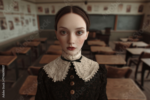 Teacher Halloween Concept, Teacher is in school for halloween and look serious in classroom. It is scary day for her