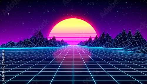 Retro-Futuristic Synthwave Sunset with Neon Grid and Wireframe Mountains