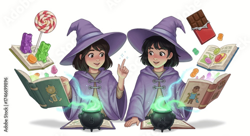 Two young girls dressed as witches conjure sweets and magic from spell books.