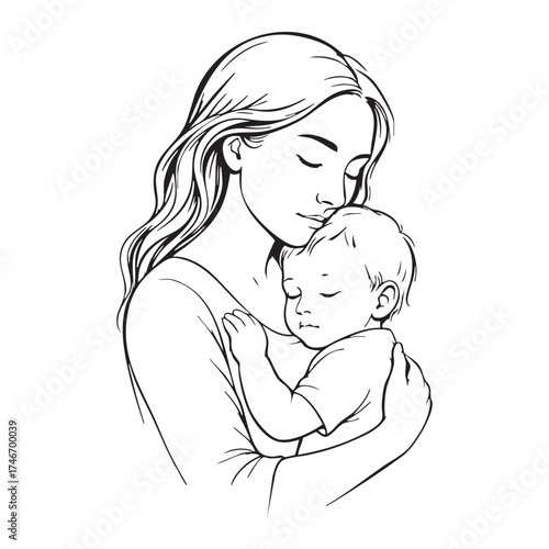 Mother’s Day illustration — mom lovingly holding sleeping baby, tender line art. Image tracing with adobe illustrator.