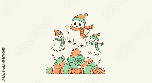 Adorable cartoon ghosts in winter hats and scarves floating happily above a large pile of sweet holiday candy