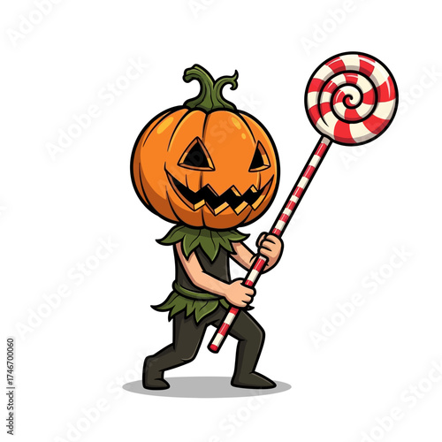 Cute cartoon pumpkin character with a carved Jack-o'-lantern face, dressed in autumn leaves, happily carrying a large red and white swirl lollipop, a fun Halloween candy concept