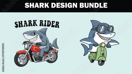 Two cartoon sharks riding vehicles on a light blue field bundle design