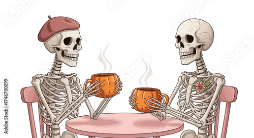 Two friendly skeletons sit at a pink table, enjoying a warm drink from pumpkin-shaped mugs.