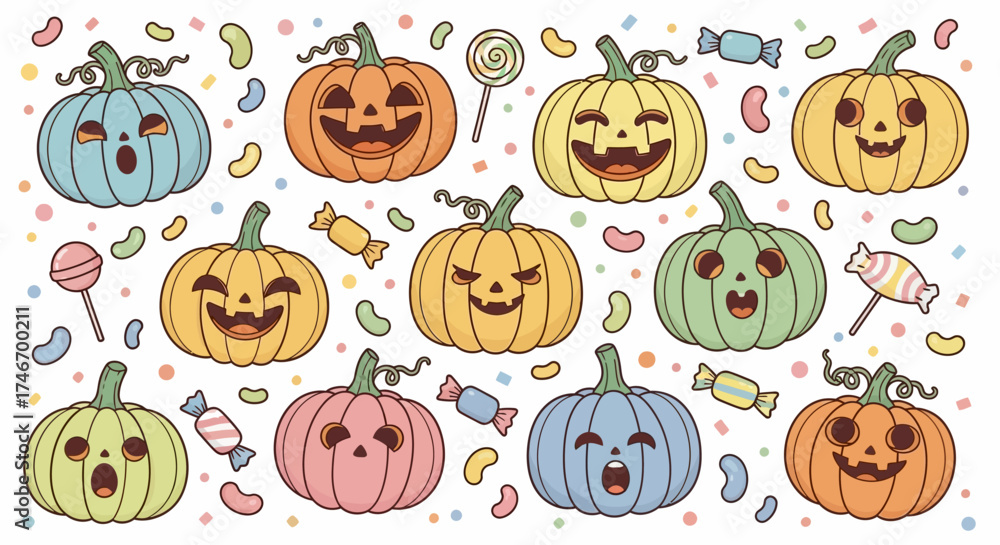 Fototapeta premium An array of colorful cartoon pumpkins with carved faces, surrounded by various candies and lollipops, creating a festive Halloween pattern.