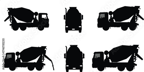 Cement mixer truck vector silhouettes set with multiple views, construction vehicle illustration, industrial transport design, concrete mixing equipment graphic collection