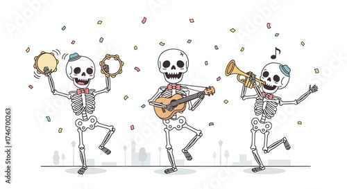 A festive band of three cartoon skeletons playing music, dancing, and celebrating with confetti.