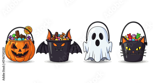 Four festive Halloween candy buckets, including a jack-o'-lantern, bat, ghost, and black cat, overflowing with colorful assorted sweets and treats.