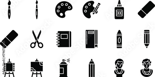 Art and craft icon set vector illustration of drawing and painting tools isolated on white background