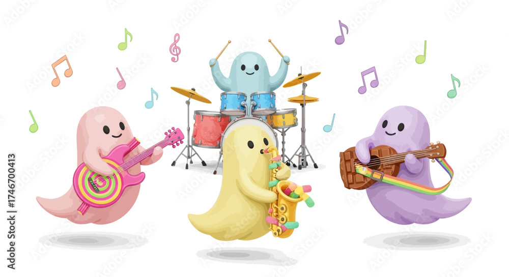 Obraz premium Adorable Ghosts Playing Music A whimsical band of ghosts making melodies