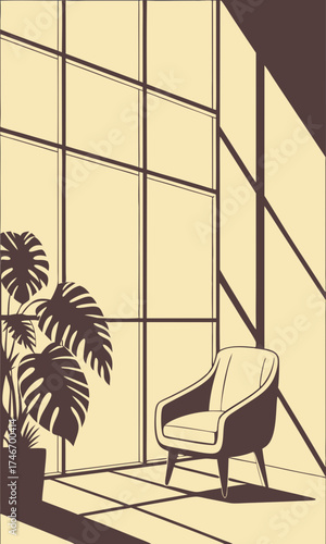 Stylish Armchair in Sunlit Room with Large Plant and Window.