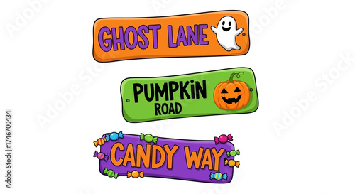 Vibrant collection of cheerful cartoon street signs featuring spooky ghosts, playful pumpkins, and an assortment of sweet candies, perfect for autumn holidays and festive event designs