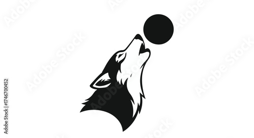 Stylized wolf howling at a black circle, evoking a sense of wildness and mystery