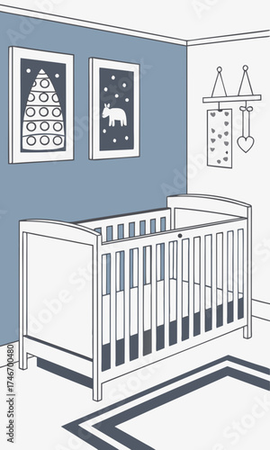 Stylish Nursery Room Decor Crib Wall Art and Mobile Illustration.
