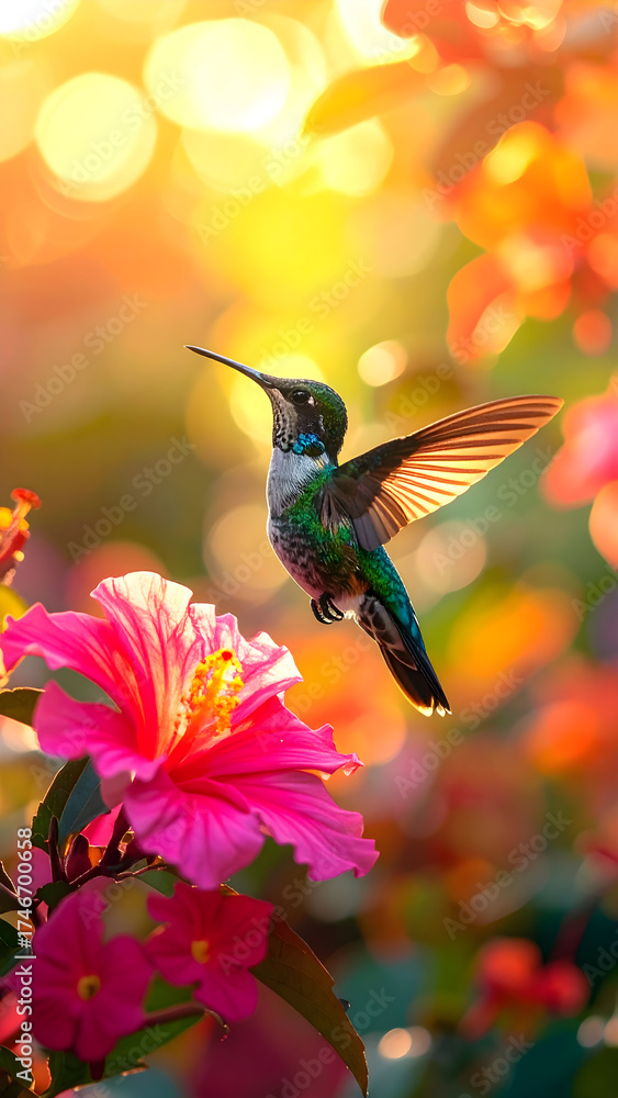 Naklejka premium Hummingbird's Floral Dance: A hummingbird, its iridescent feathers gleaming, hovers mid-air near a vibrant hibiscus, painting a scene of exquisite beauty with the morning light