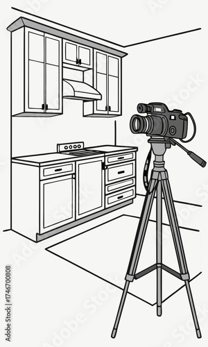 Video camera on tripod in kitchen setting filming cooking show or home renovation project.