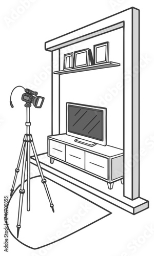 Video camera on tripod in living room filming TV and shelf with picture frames.