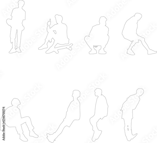 A collection of 8 dynamic people silhouettes showing sitting, squatting, and leaning positions.
