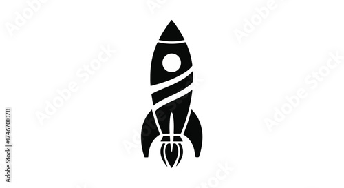 Sleek black rocket ship blasting off with fiery exhaust against a white background