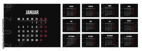 Black Germany 2026 calendar set of template monthly horizontal pages. Minimalist planner week start on Monday. Deutsch Kalendar