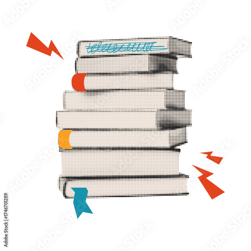Stack of closed books halftone art collage cut out element. Retro mixed media vector illustration isolated on transparent background.