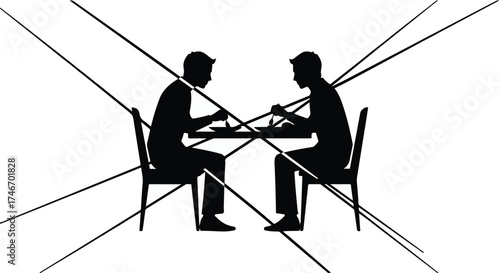 Two silhouetted figures sit opposite each other at a table, isolated by intersecting lines.