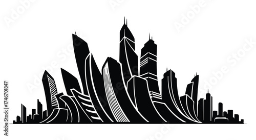 Striking black and white graphic art depicts a futuristic city skyline with towering modern buildings.