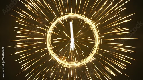 Golden fireworks burst in a vibrant display, transitioning from radiant explosion to a clock face, symbolizing the passage of time and celebration in a dynamic visual sequence