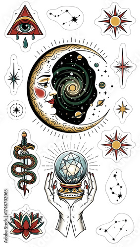 Mystical celestial elements featuring moon, stars, crystal ball, snake and eye for spiritual designs